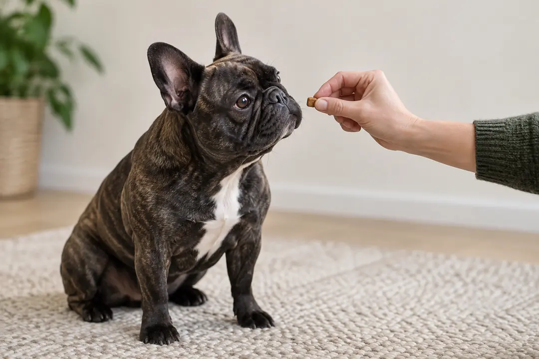 A French Bulldog trains at home and receives a treat from its owner.