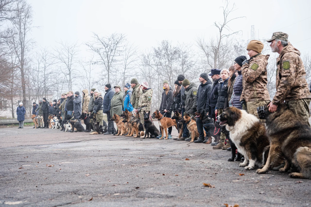 Participants and instructors standing with their dogs in a long line at an outdoor training ground
